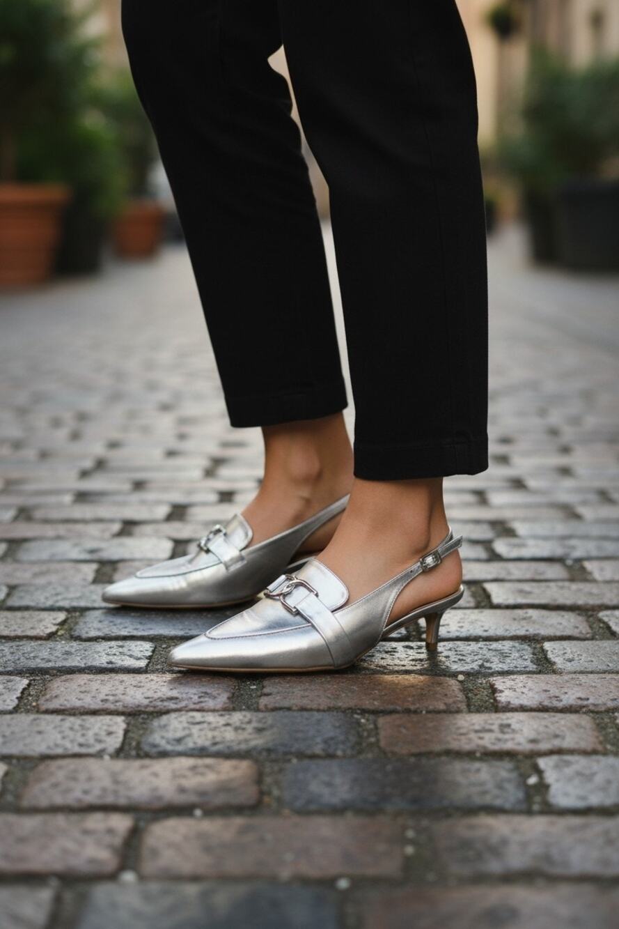 J.F. J Ferrar Pointed Toe Sliver Slingback Kitten Heels Loafers Size: 8.5